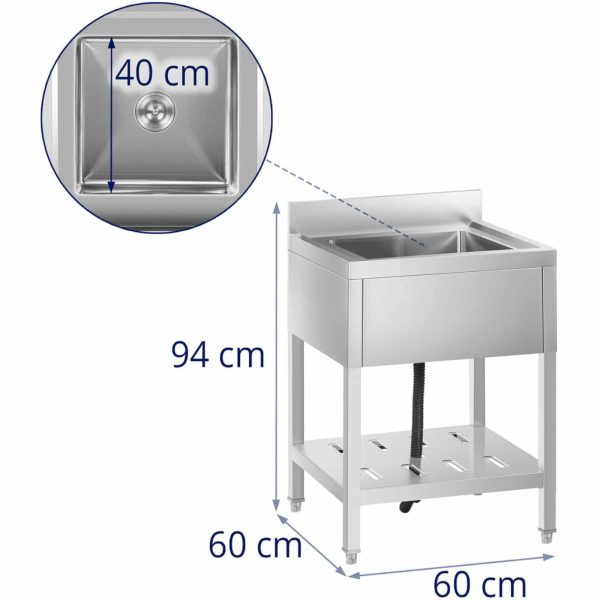 Viena -Čambera gastronomijas baseina izlietne ar plauktu un 60 x 60 x 94 cm malu