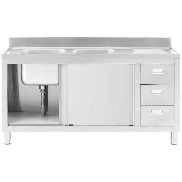 Divu ķemmīšu gastronomijas baseina izlietne ar skapi ar bīdāmo durvju atvilktnēm tērauda 160 x 60 x 95 cm