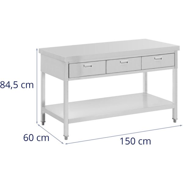 Galda galda gastronomijas tērauda augšdaļa ar atvilktnēm 150 x 60 cm līdz 295 kg