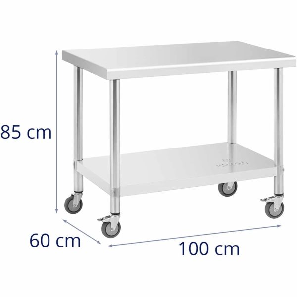 Centrālais tērauda darba virsmas galds uz riteņiem ar plauktu 100 x 60 cm