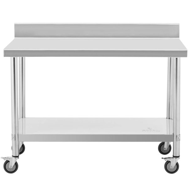 Gastronomijas metāla galds uz riteņiem ar plauktu un malu tēraudu 70 x 120 cm