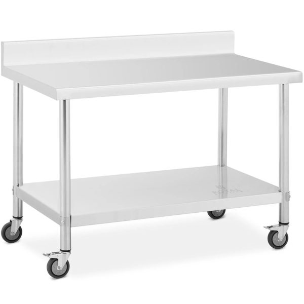 Gastronomijas metāla galds uz riteņiem ar plauktu un malu tēraudu 70 x 120 cm