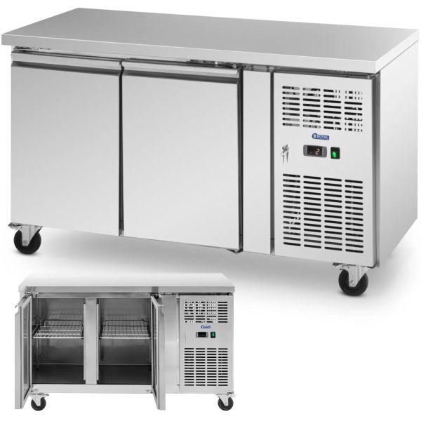 Gastronomijas saldēšanas galds uz riteņiem 2 kameras 260 L 136x70x85 cm