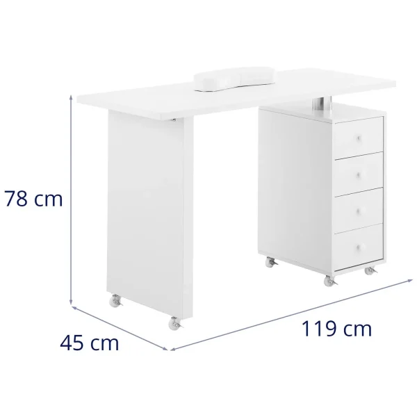 Skaistumkopšanas galds manikīram ar atbalstu 4 atvilktnēm 119 x 45 cm - balts