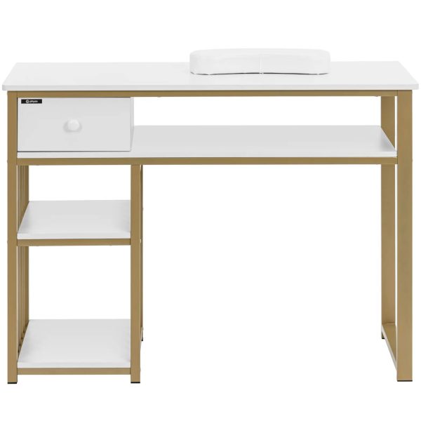 Skaistumkopšanas galds manikīram ar atbalstu roku atvilktnei 3 plaukti 110 x 46 cm - balta zeltain
