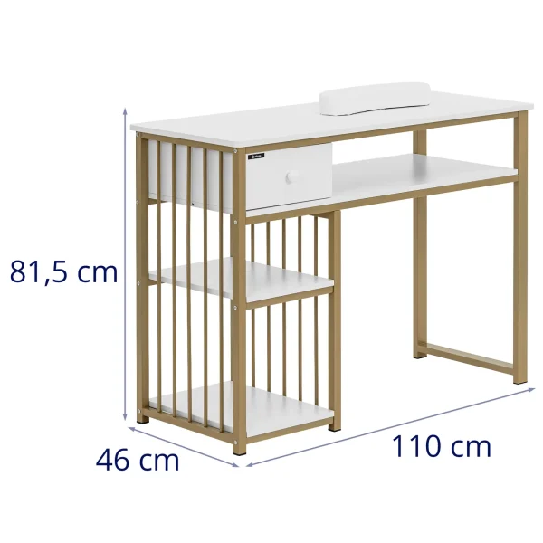 Skaistumkopšanas galds manikīram ar atbalstu roku atvilktnei 3 plaukti 110 x 46 cm - balta zeltain