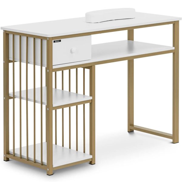 Skaistumkopšanas galds manikīram ar atbalstu roku atvilktnei 3 plaukti 110 x 46 cm - balta zeltain