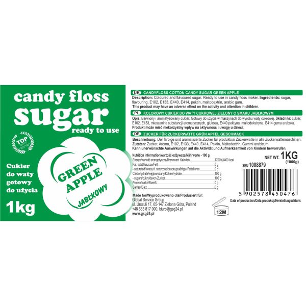 Krāsains vatu cukurs zaļš ar ābolu aromātu 1kg