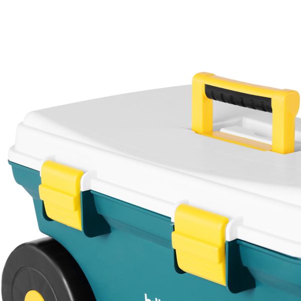 Sēdekļa lāde uz riteņiem augļu ražas dārza darbam ar uzglabāšanas nodalījumu līdz 80 kg