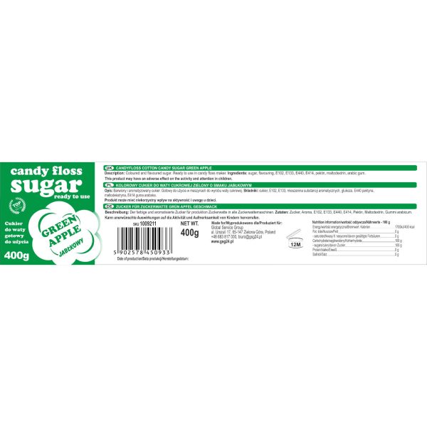 Krāsainā cukurvates cukurs zaļo ābolu garša 400g