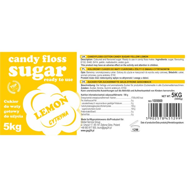 Krāsainas aromātiskas kokvilnas konfektes dzeltenā krāsā ar citrona aromātu 5 kg