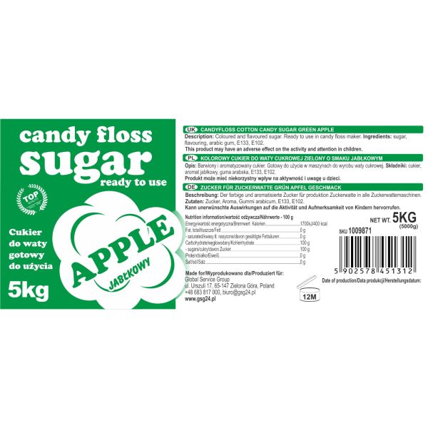 Krāsains aromatizēts cukurvates cukurs ar zaļo ābolu garšu 5kg