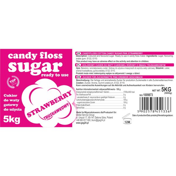Krāsains, aromatizēts cukurvates cukurs, sarkans, ar zemeņu garša 5kg