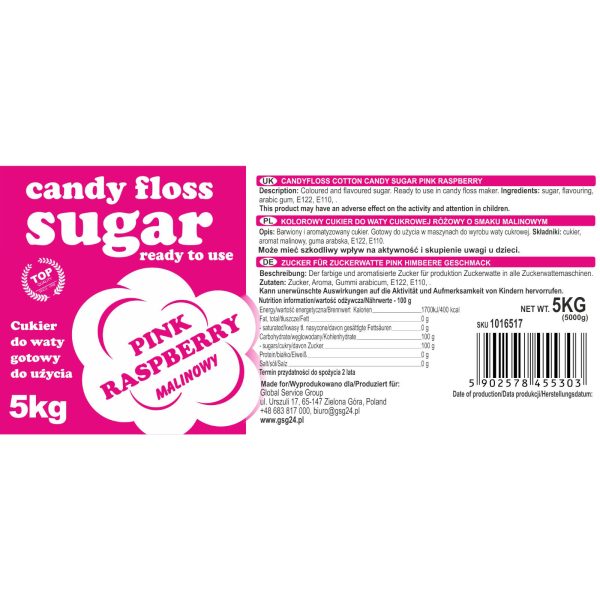 Krāsains konfektes cukurs ir sarkans ar aveņu aromātu 5 kg