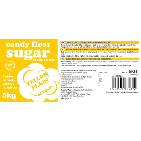 Krāsainas kokvilnas konfektes dzeltena ar dabisku garšu 5 kg