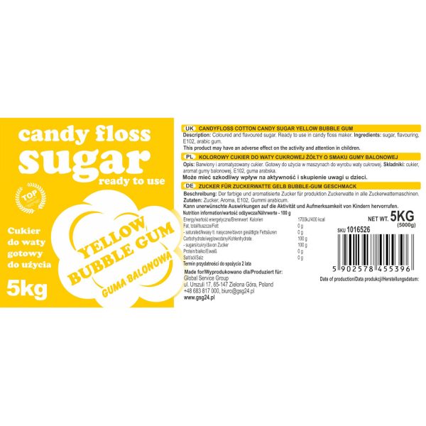 Krāsainas kokvilnas konfektes dzeltenā krāsā ar 5 kg balona gumijas garšu