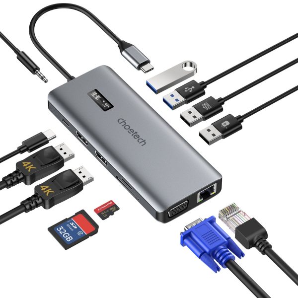 Daudzfunkcionāls centrmezgla adapteris ar USB-C USB-A VGA AUX SD TF 12in1 displeju