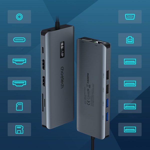 Daudzfunkcionāls centrmezgla adapteris ar USB-C USB-A VGA AUX SD TF 12in1 displeju