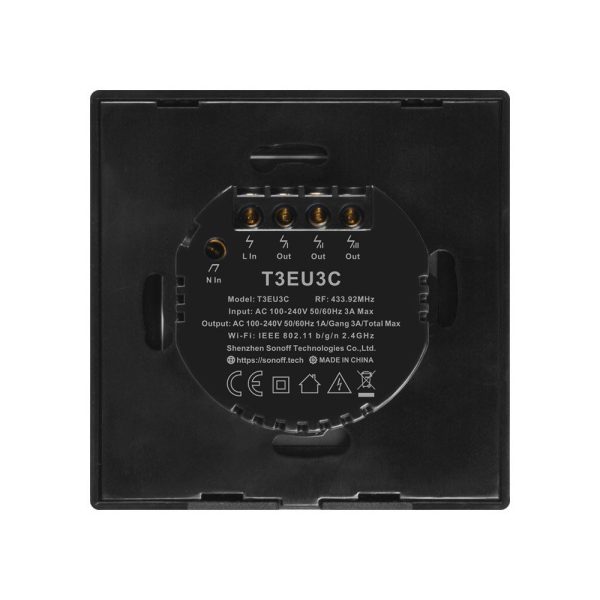 Trīs kanālu taustes gaismas slēdža slēdža wifi poga 433 MHz rf melns t3eu3c-tx
