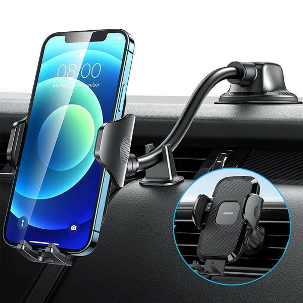 Automašīnas tālruņa turētājs ar elastīgiem atzveltnes krēsliem uz paneļa melnā stikla