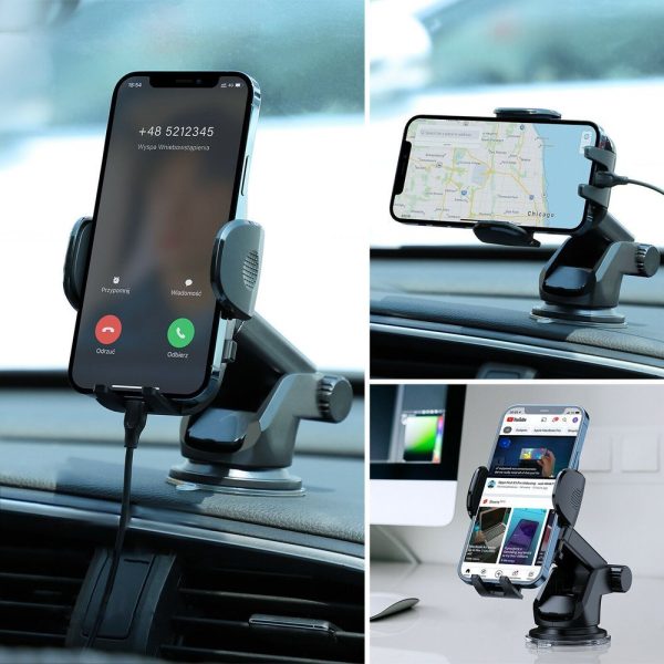 Automašīnas tālruņa turētājs ar teleskopiskiem atzveltnes krēsliem uz paneļa un melnu stiklu