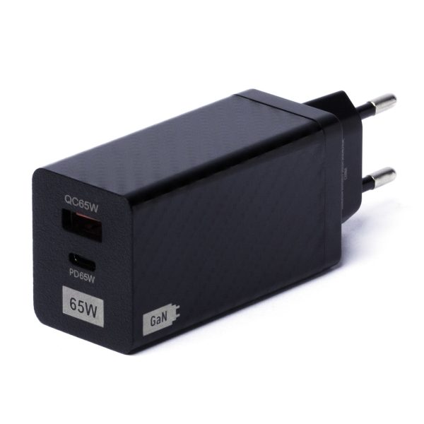 65W GAN lādētājs ar USB USB-C QC 3.0 PD melnajiem portiem