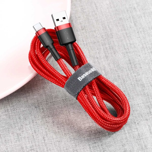 Izturīgs elastīgs kabelis USB-C QC3.0 2A 2m sarkanais kabelis
