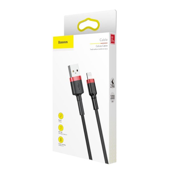Izturīgs elastīgs kabeļa USB kabelis iPhone Lightning QC3.0 2,4A 1m melns un sarkans