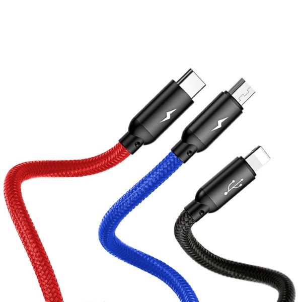 Izturīgs kabelis 3in1 USB microUSB iPhone Lightning USB-C 3,5A 1,2m melns