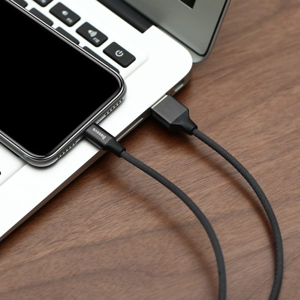 Izturīgs kabeļa kabelis materiālā pītā USB iPhone zibens 1,2 m melnā krāsā