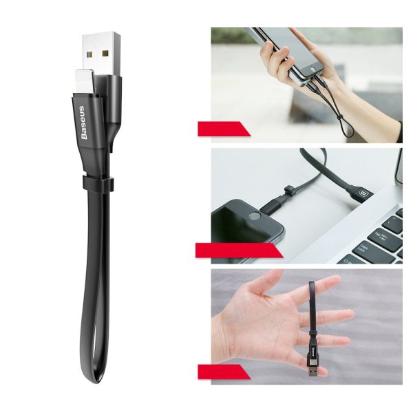 Plakanais kabelis USB iPhone zibens kabelis ar 2A 23 cm rokturi melns