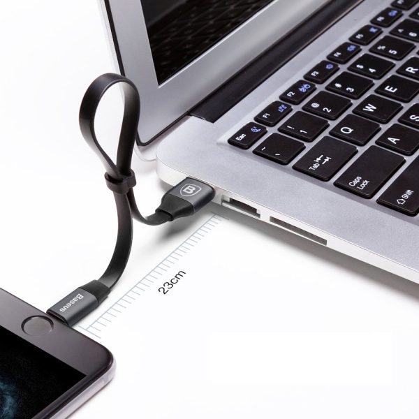 Plakanais kabelis USB iPhone zibens kabelis ar 2A 23 cm rokturi melns