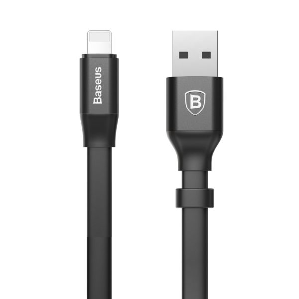 Plakanais kabelis USB iPhone zibens kabelis ar 2A 23 cm rokturi melns