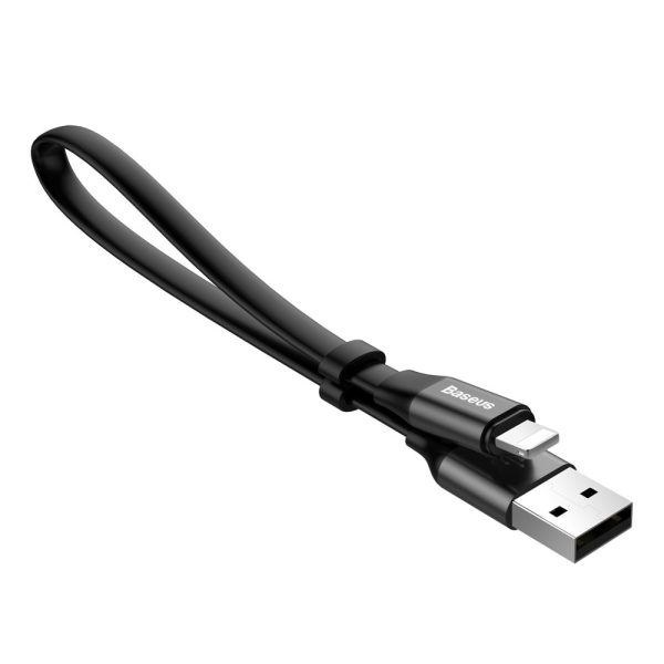 Plakanais kabelis USB iPhone zibens kabelis ar 2A 23 cm rokturi melns