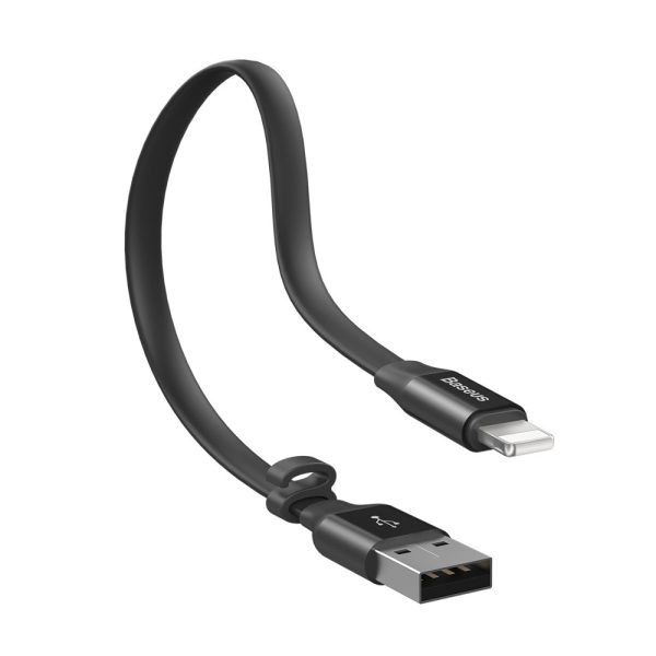 Plakanais kabelis USB iPhone zibens kabelis ar 2A 23 cm rokturi melns