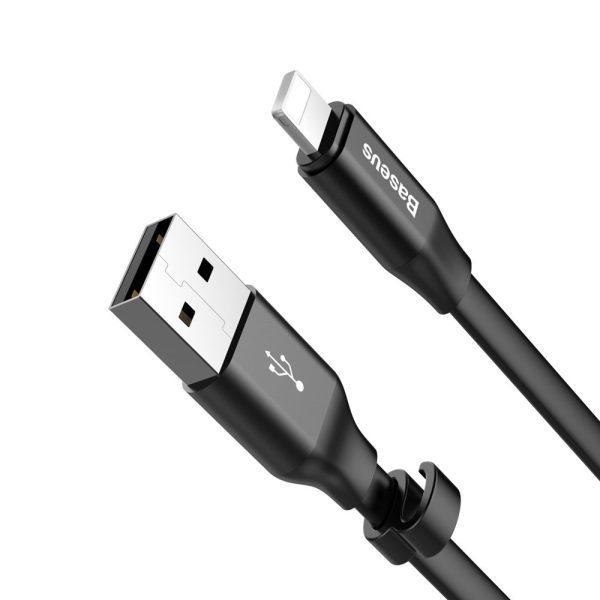 Plakanais kabelis USB iPhone zibens kabelis ar 2A 23 cm rokturi melns