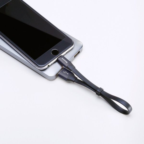 Plakanais kabelis USB iPhone zibens kabelis ar 2A 23 cm rokturi melns