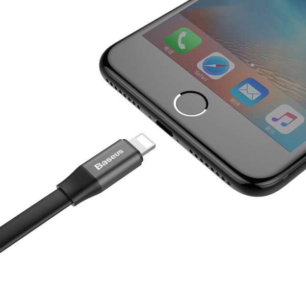 Plakanais kabelis USB iPhone zibens kabelis ar 2A 23 cm rokturi melns