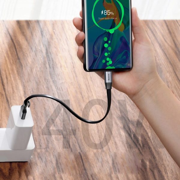 Vienkāršs plakans USB-C 5A 40W ātrs lādiņš 3.0 QC 3.0 23cm pelēks kabelis