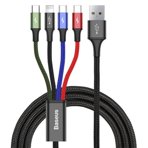 Kabelis USB Cable 4in1 iPhone Lightning 2 X USB-C MicroUSB neilonā pīt 3