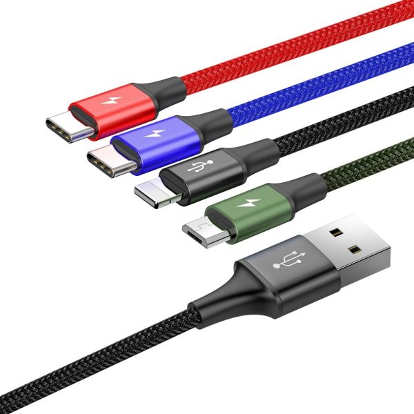 Kabelis USB Cable 4in1 iPhone Lightning 2 X USB-C MicroUSB neilonā pīt 3,5A 1,2 m melns
