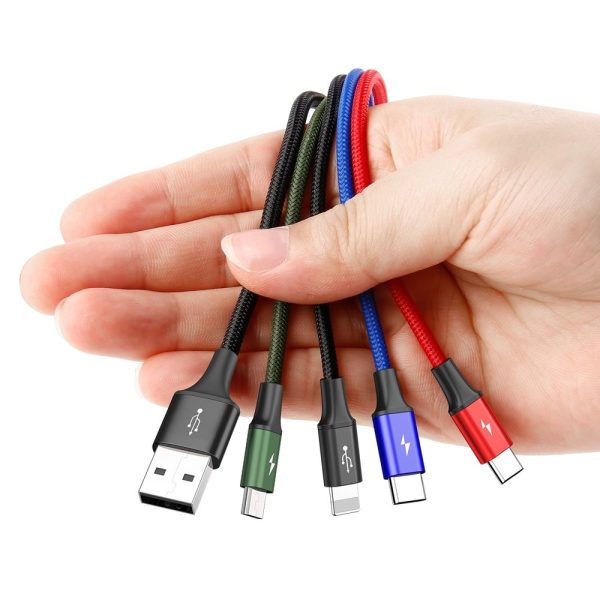 Kabelis USB Cable 4in1 iPhone Lightning 2 X USB-C MicroUSB neilonā pīt 3,5A 1,2 m melns