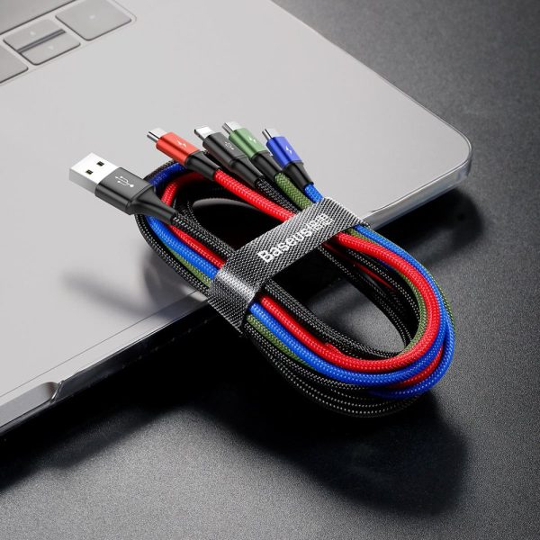 Kabelis USB Cable 4in1 iPhone Lightning 2 X USB-C MicroUSB neilonā pīt 3,5A 1,2 m melns