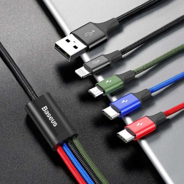 Kabelis USB Cable 4in1 iPhone Lightning 2 X USB-C MicroUSB neilonā pīt 3,5A 1,2 m melns