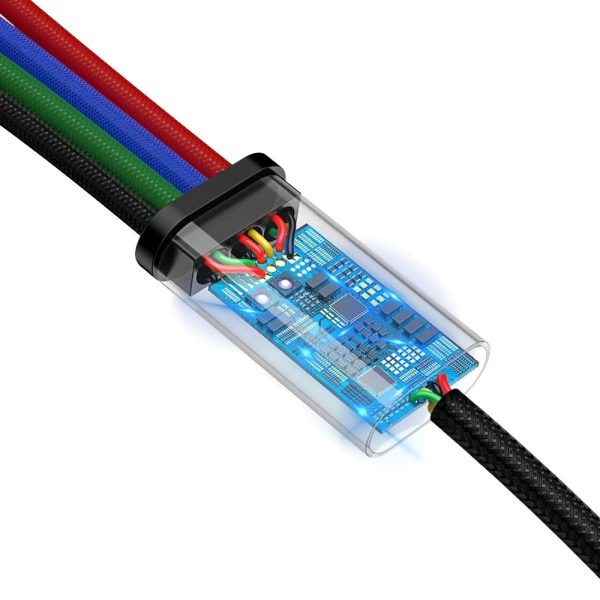 Kabelis USB Cable 4in1 iPhone Lightning 2 X USB-C MicroUSB neilonā pīt 3,5A 1,2 m melns