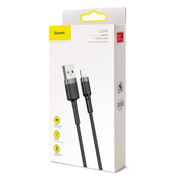Izturīgs neilona kabeļa USB kabelis iPhone Lightning QC3.0 2A 3m melns un pelēks