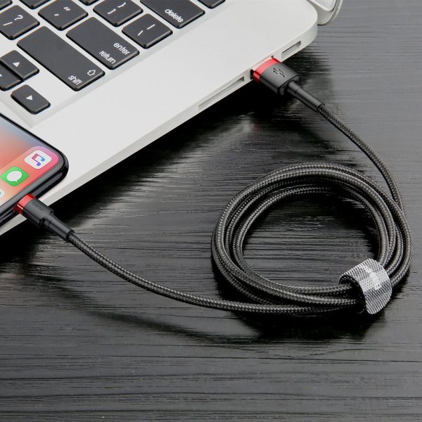Izturīgs neilona kabeļa USB kabelis iPhone Lightning QC3.0 2A 3m melns un sarkanais