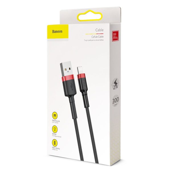 Izturīgs neilona kabeļa USB kabelis iPhone Lightning QC3.0 2A 3m melns un sarkanais
