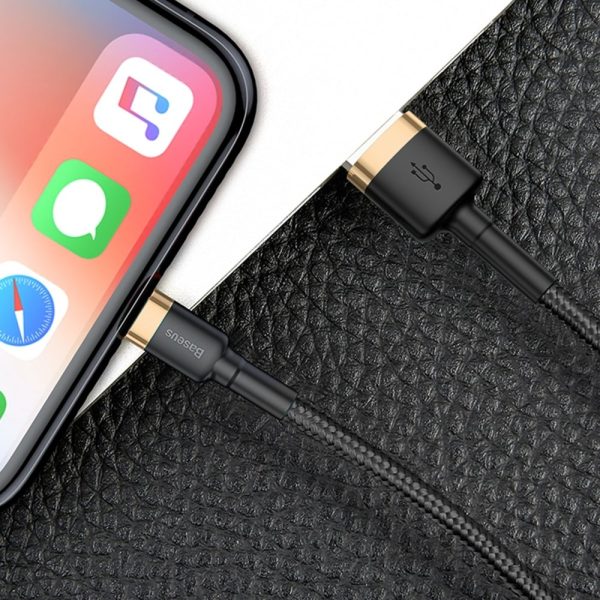 Izturīgs neilona kabeļa USB kabelis iPhone Lightning QC3.0 2A 3M melns un zelts