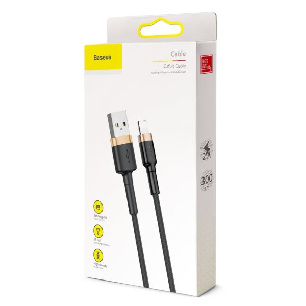 Izturīgs neilona kabeļa USB kabelis iPhone Lightning QC3.0 2A 3M melns un zelts